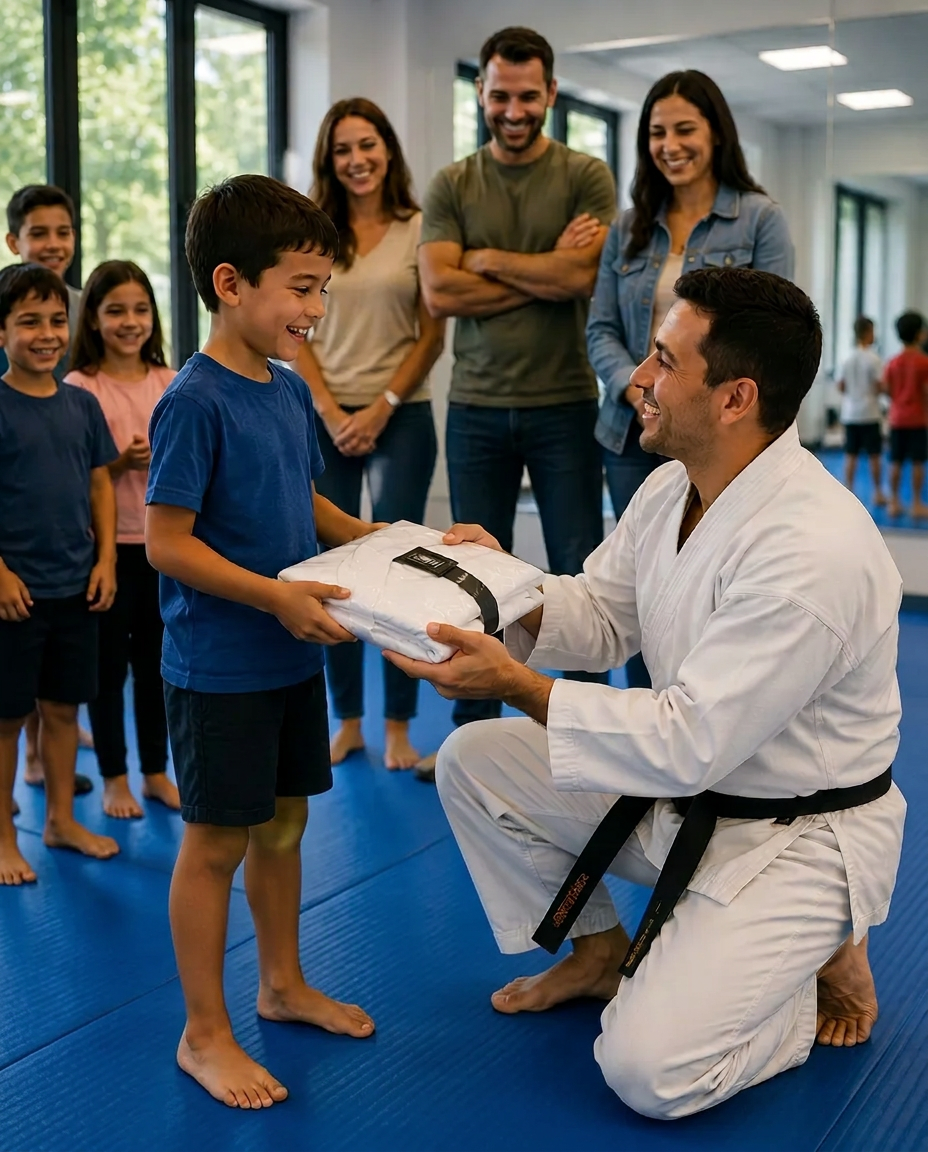 Instructor handing a free uniform to a smiling birthday guest as parents look on