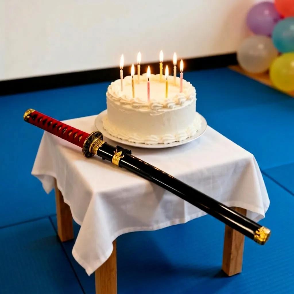 Birthday child ceremonially slicing cake with a samurai sword guided by instructor