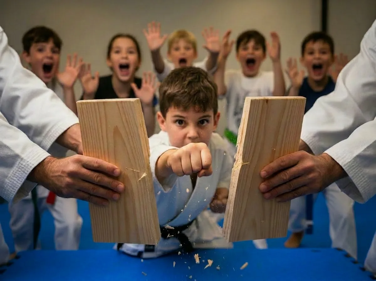 Young birthday star breaking a board with instructor support